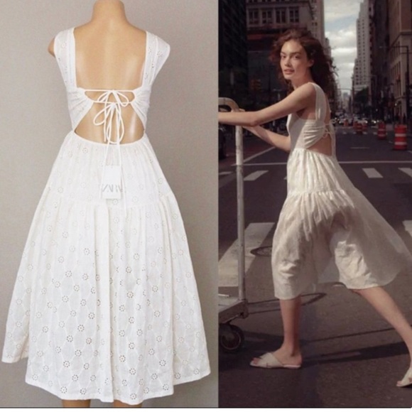 WHITE EYELET BACKLESS TIERED FLOWY FEMININE DRESS MAIDEN MILKMAID HOMESTEAD - Picture 1 of 15